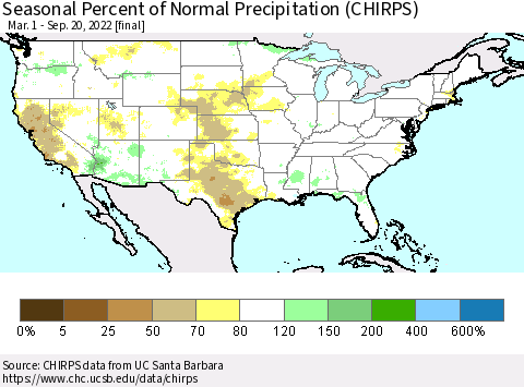 United States Seasonal Percent of Normal Precipitation (CHIRPS) Thematic Map For 3/1/2022 - 9/20/2022