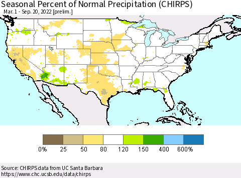 United States Seasonal Percent of Normal Precipitation (CHIRPS) Thematic Map For 3/1/2022 - 9/20/2022