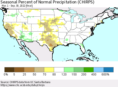 United States Seasonal Percent of Normal Precipitation (CHIRPS) Thematic Map For 3/1/2022 - 9/30/2022