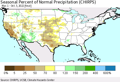 United States Seasonal Percent of Normal Precipitation (CHIRPS) Thematic Map For 3/1/2022 - 10/5/2022