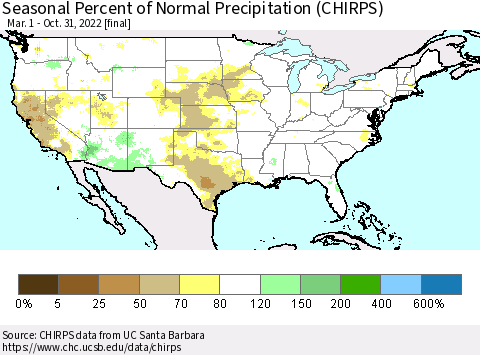 United States Seasonal Percent of Normal Precipitation (CHIRPS) Thematic Map For 3/1/2022 - 10/31/2022