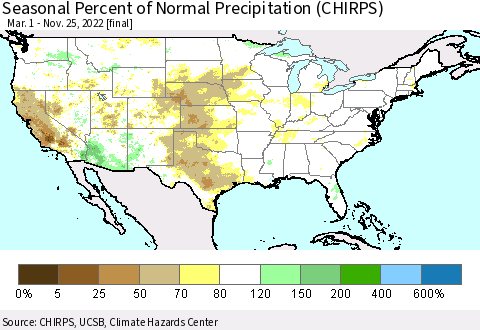 United States Seasonal Percent of Normal Precipitation (CHIRPS) Thematic Map For 3/1/2022 - 11/25/2022