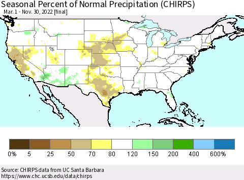 United States Seasonal Percent of Normal Precipitation (CHIRPS) Thematic Map For 3/1/2022 - 11/30/2022