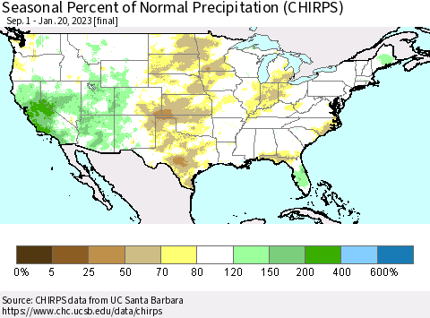 United States Seasonal Percent of Normal Precipitation (CHIRPS) Thematic Map For 9/1/2022 - 1/20/2023
