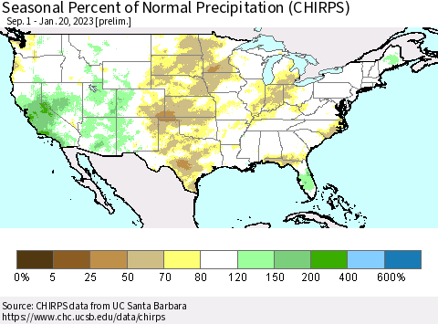United States Seasonal Percent of Normal Precipitation (CHIRPS) Thematic Map For 9/1/2022 - 1/20/2023