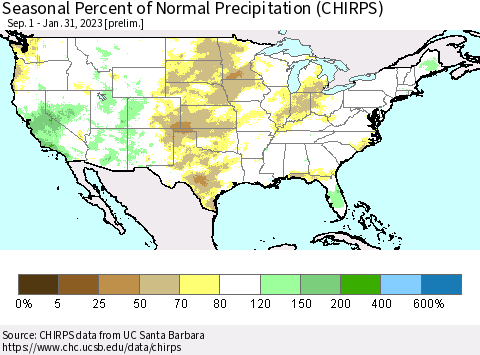 United States Seasonal Percent of Normal Precipitation (CHIRPS) Thematic Map For 9/1/2022 - 1/31/2023