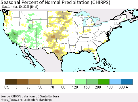 United States Seasonal Percent of Normal Precipitation (CHIRPS) Thematic Map For 9/1/2022 - 3/10/2023
