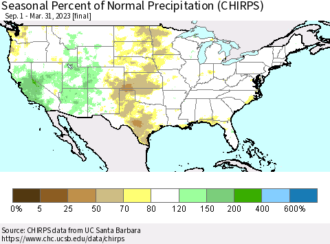 United States Seasonal Percent of Normal Precipitation (CHIRPS) Thematic Map For 9/1/2022 - 3/31/2023