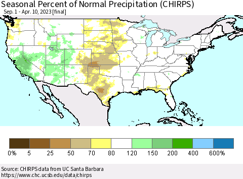United States Seasonal Percent of Normal Precipitation (CHIRPS) Thematic Map For 9/1/2022 - 4/10/2023