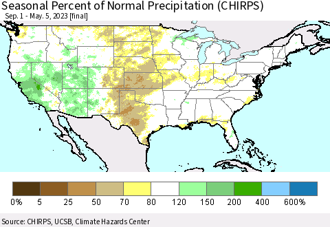 United States Seasonal Percent of Normal Precipitation (CHIRPS) Thematic Map For 9/1/2022 - 5/5/2023