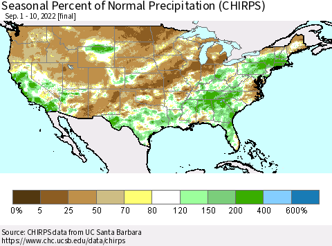 United States Seasonal Percent of Normal Precipitation (CHIRPS) Thematic Map For 9/1/2022 - 9/10/2022