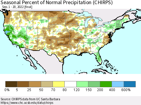 United States Seasonal Percent of Normal Precipitation (CHIRPS) Thematic Map For 9/1/2022 - 9/20/2022