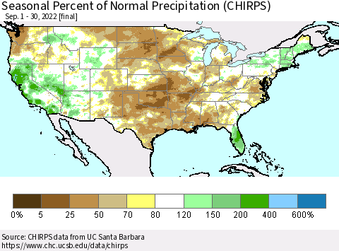 United States Seasonal Percent of Normal Precipitation (CHIRPS) Thematic Map For 9/1/2022 - 9/30/2022