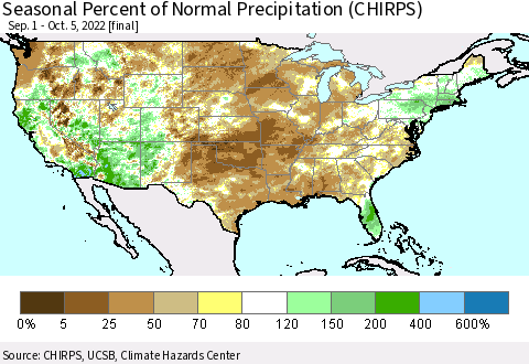 United States Seasonal Percent of Normal Precipitation (CHIRPS) Thematic Map For 9/1/2022 - 10/5/2022