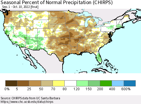United States Seasonal Percent of Normal Precipitation (CHIRPS) Thematic Map For 9/1/2022 - 10/10/2022