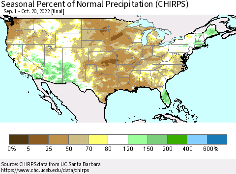 United States Seasonal Percent of Normal Precipitation (CHIRPS) Thematic Map For 9/1/2022 - 10/20/2022