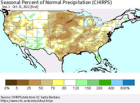 United States Seasonal Percent of Normal Precipitation (CHIRPS) Thematic Map For 9/1/2022 - 10/31/2022