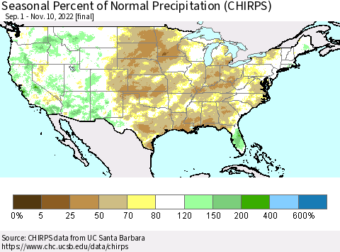United States Seasonal Percent of Normal Precipitation (CHIRPS) Thematic Map For 9/1/2022 - 11/10/2022