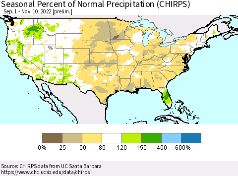 United States Seasonal Percent of Normal Precipitation (CHIRPS) Thematic Map For 9/1/2022 - 11/10/2022