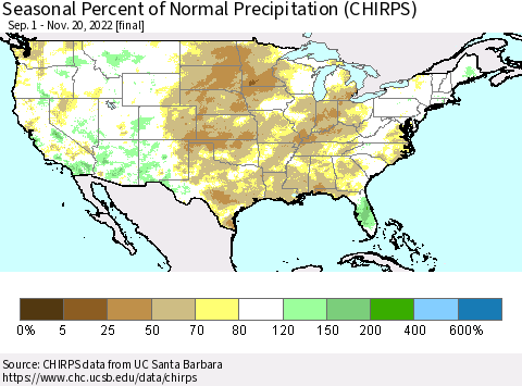 United States Seasonal Percent of Normal Precipitation (CHIRPS) Thematic Map For 9/1/2022 - 11/20/2022