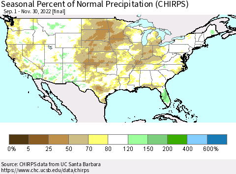 United States Seasonal Percent of Normal Precipitation (CHIRPS) Thematic Map For 9/1/2022 - 11/30/2022