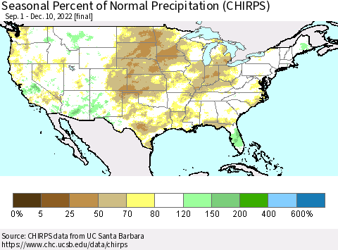 United States Seasonal Percent of Normal Precipitation (CHIRPS) Thematic Map For 9/1/2022 - 12/10/2022