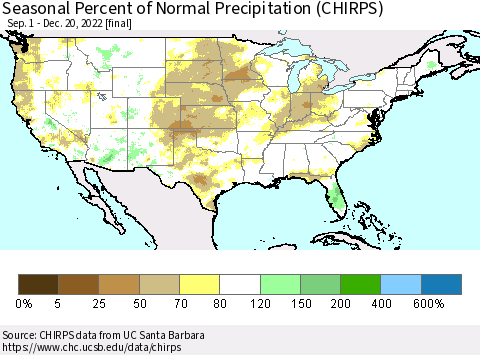 United States Seasonal Percent of Normal Precipitation (CHIRPS) Thematic Map For 9/1/2022 - 12/20/2022