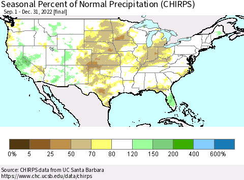 United States Seasonal Percent of Normal Precipitation (CHIRPS) Thematic Map For 9/1/2022 - 12/31/2022