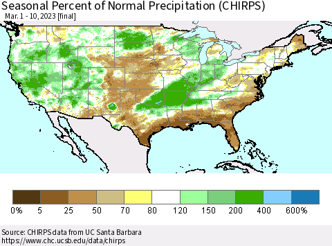 United States Seasonal Percent of Normal Precipitation (CHIRPS) Thematic Map For 3/1/2023 - 3/10/2023