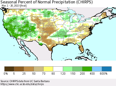 United States Seasonal Percent of Normal Precipitation (CHIRPS) Thematic Map For 3/1/2023 - 3/20/2023