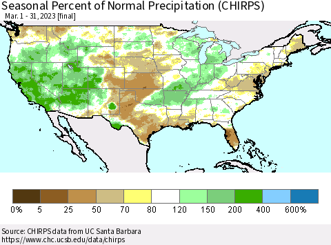 United States Seasonal Percent of Normal Precipitation (CHIRPS) Thematic Map For 3/1/2023 - 3/31/2023