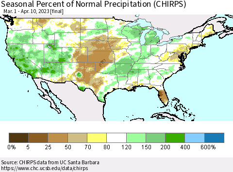 United States Seasonal Percent of Normal Precipitation (CHIRPS) Thematic Map For 3/1/2023 - 4/10/2023