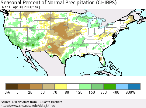 United States Seasonal Percent of Normal Precipitation (CHIRPS) Thematic Map For 3/1/2023 - 4/30/2023
