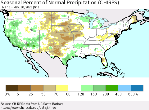 United States Seasonal Percent of Normal Precipitation (CHIRPS) Thematic Map For 3/1/2023 - 5/10/2023