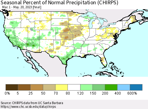 United States Seasonal Percent of Normal Precipitation (CHIRPS) Thematic Map For 3/1/2023 - 5/20/2023