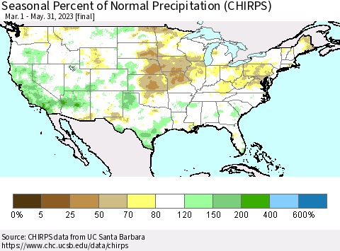 United States Seasonal Percent of Normal Precipitation (CHIRPS) Thematic Map For 3/1/2023 - 5/31/2023