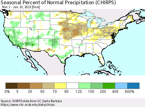 United States Seasonal Percent of Normal Precipitation (CHIRPS) Thematic Map For 3/1/2023 - 6/10/2023