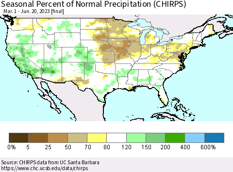 United States Seasonal Percent of Normal Precipitation (CHIRPS) Thematic Map For 3/1/2023 - 6/20/2023