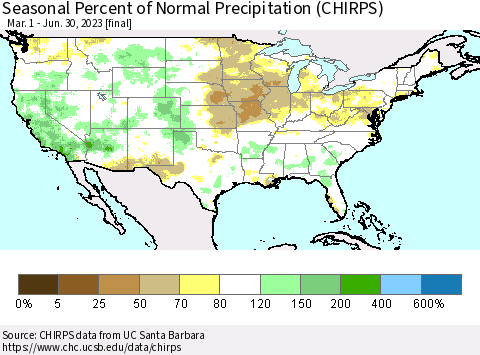 United States Seasonal Percent of Normal Precipitation (CHIRPS) Thematic Map For 3/1/2023 - 6/30/2023