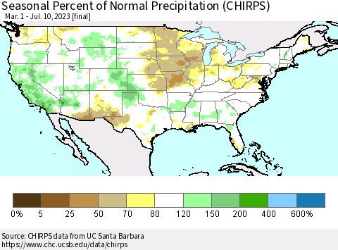 United States Seasonal Percent of Normal Precipitation (CHIRPS) Thematic Map For 3/1/2023 - 7/10/2023