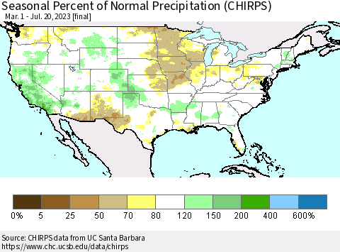 United States Seasonal Percent of Normal Precipitation (CHIRPS) Thematic Map For 3/1/2023 - 7/20/2023