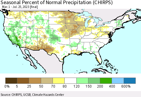 United States Seasonal Percent of Normal Precipitation (CHIRPS) Thematic Map For 3/1/2023 - 7/25/2023