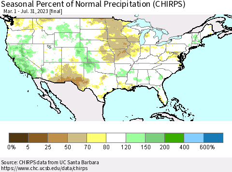 United States Seasonal Percent of Normal Precipitation (CHIRPS) Thematic Map For 3/1/2023 - 7/31/2023