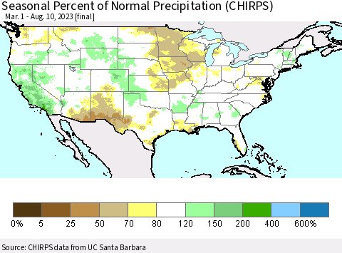United States Seasonal Percent of Normal Precipitation (CHIRPS) Thematic Map For 3/1/2023 - 8/10/2023