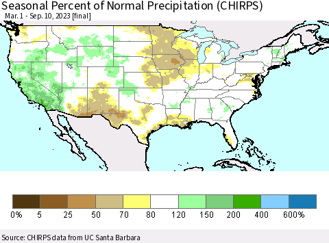 United States Seasonal Percent of Normal Precipitation (CHIRPS) Thematic Map For 3/1/2023 - 9/10/2023