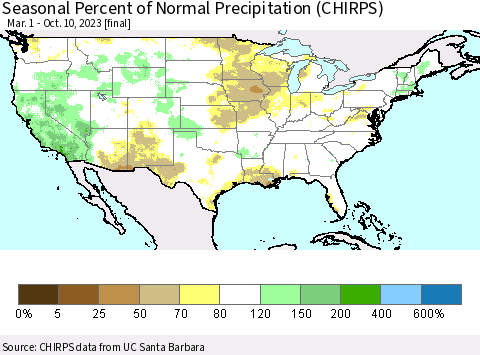 United States Seasonal Percent of Normal Precipitation (CHIRPS) Thematic Map For 3/1/2023 - 10/10/2023