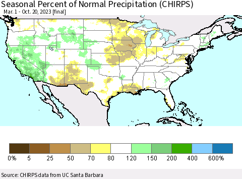 United States Seasonal Percent of Normal Precipitation (CHIRPS) Thematic Map For 3/1/2023 - 10/20/2023