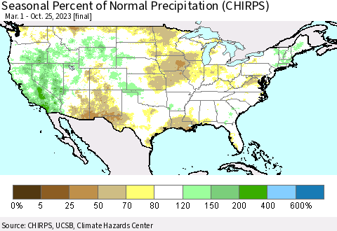 United States Seasonal Percent of Normal Precipitation (CHIRPS) Thematic Map For 3/1/2023 - 10/25/2023