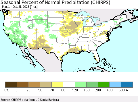 United States Seasonal Percent of Normal Precipitation (CHIRPS) Thematic Map For 3/1/2023 - 10/31/2023