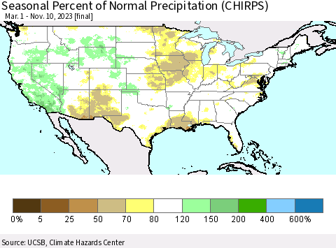 United States Seasonal Percent of Normal Precipitation (CHIRPS) Thematic Map For 3/1/2023 - 11/10/2023